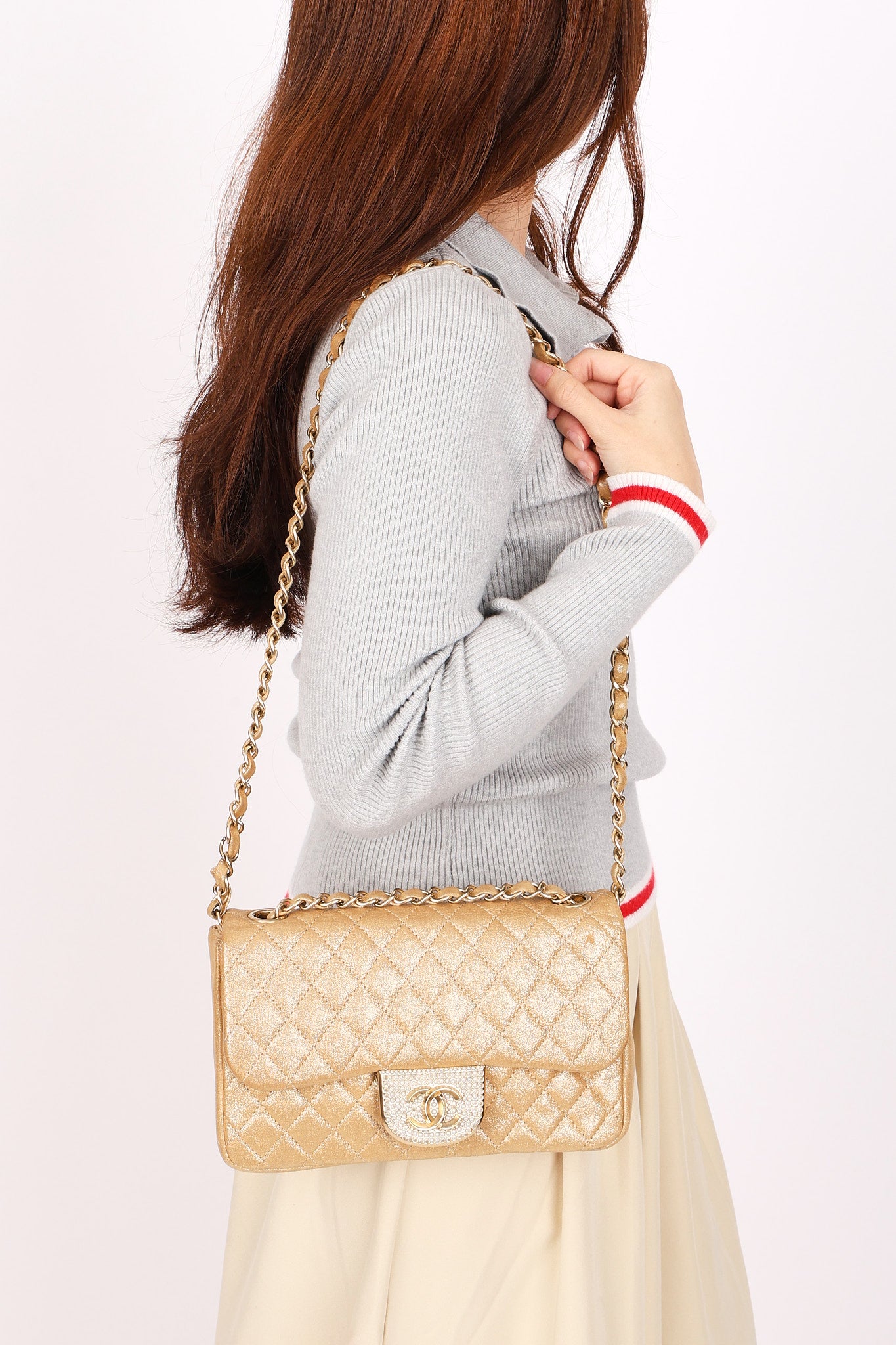 Chanel Pearl Single Flap Gold Iridescent Suede 2014 AGHW