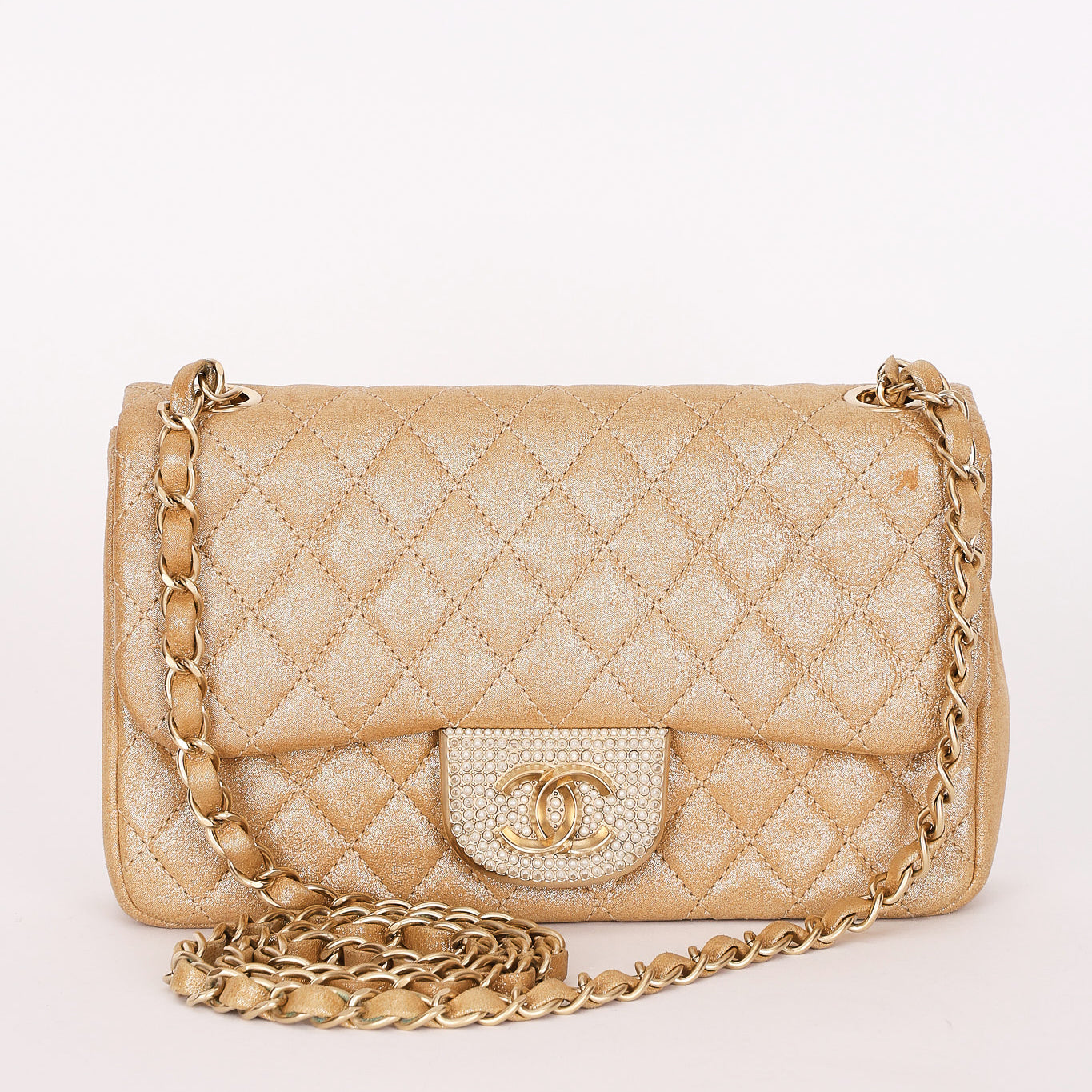Chanel Pearl Single Flap Gold Iridescent Suede 2014 AGHW