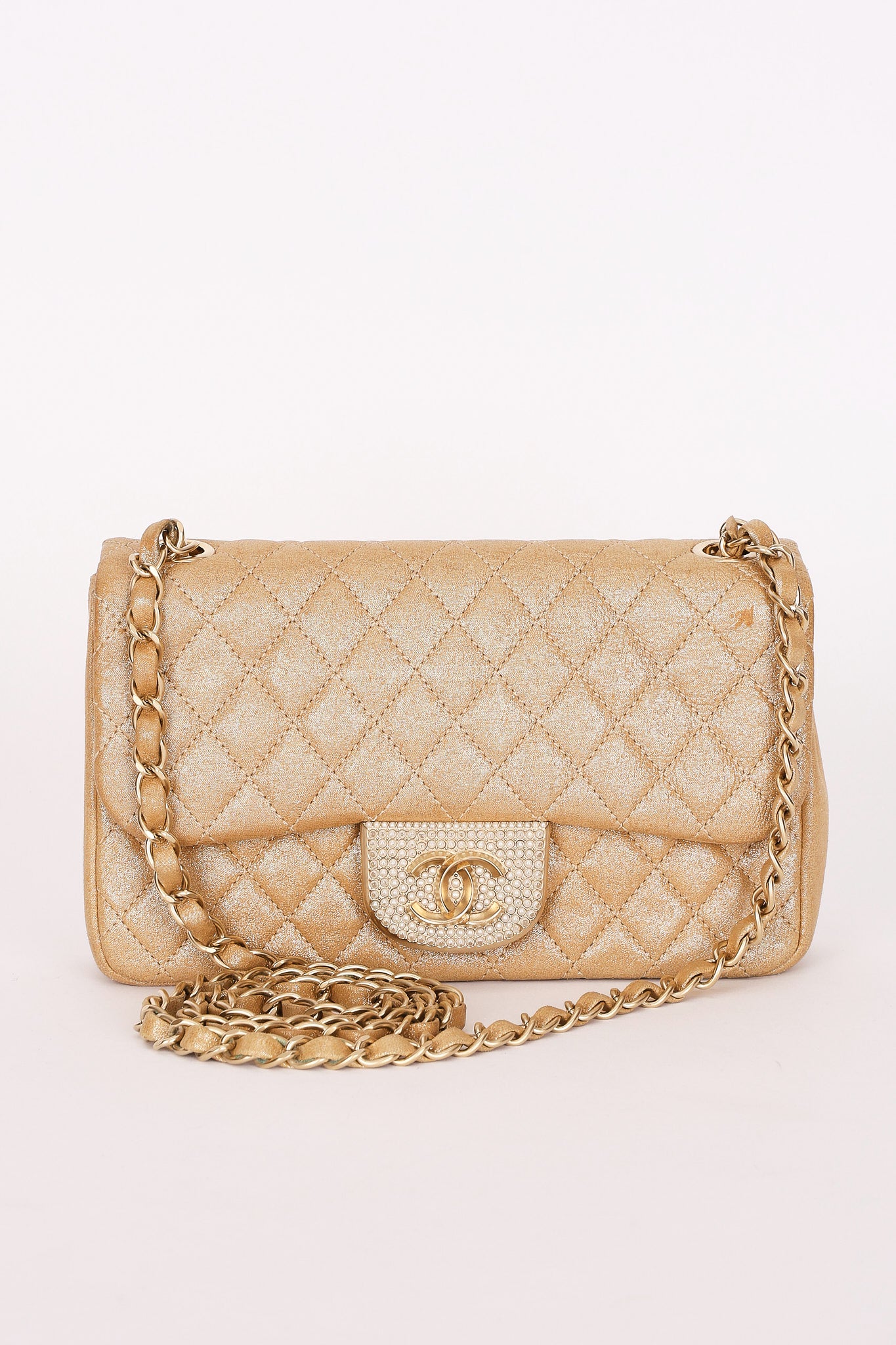 Chanel Pearl Single Flap Gold Iridescent Suede 2014 AGHW