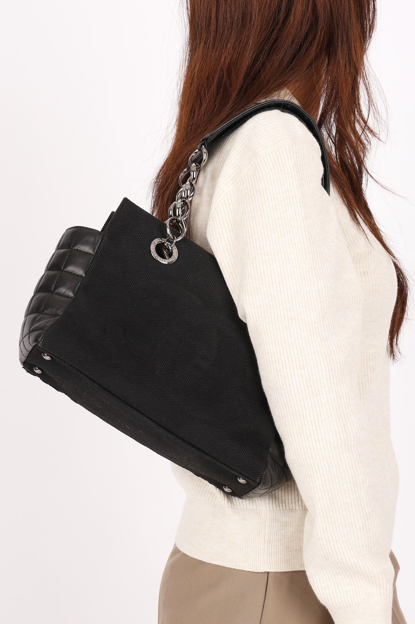 Chanel Chocolate Bar Tote Black Lambskin and Canvas SHW