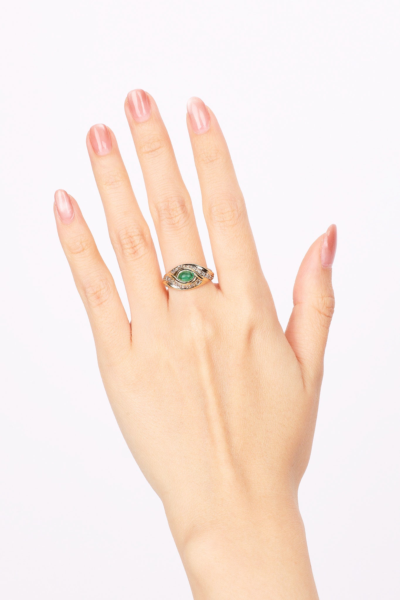 18K Yellow Gold Emerald and Diamond Swirl Cocktail Ring, Size US 6