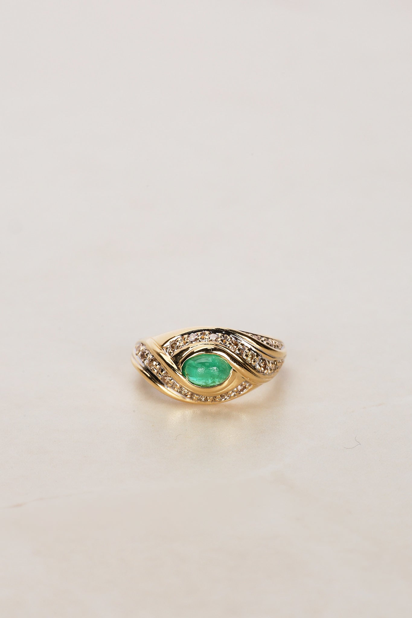 18K Yellow Gold Emerald and Diamond Swirl Cocktail Ring, Size US 6