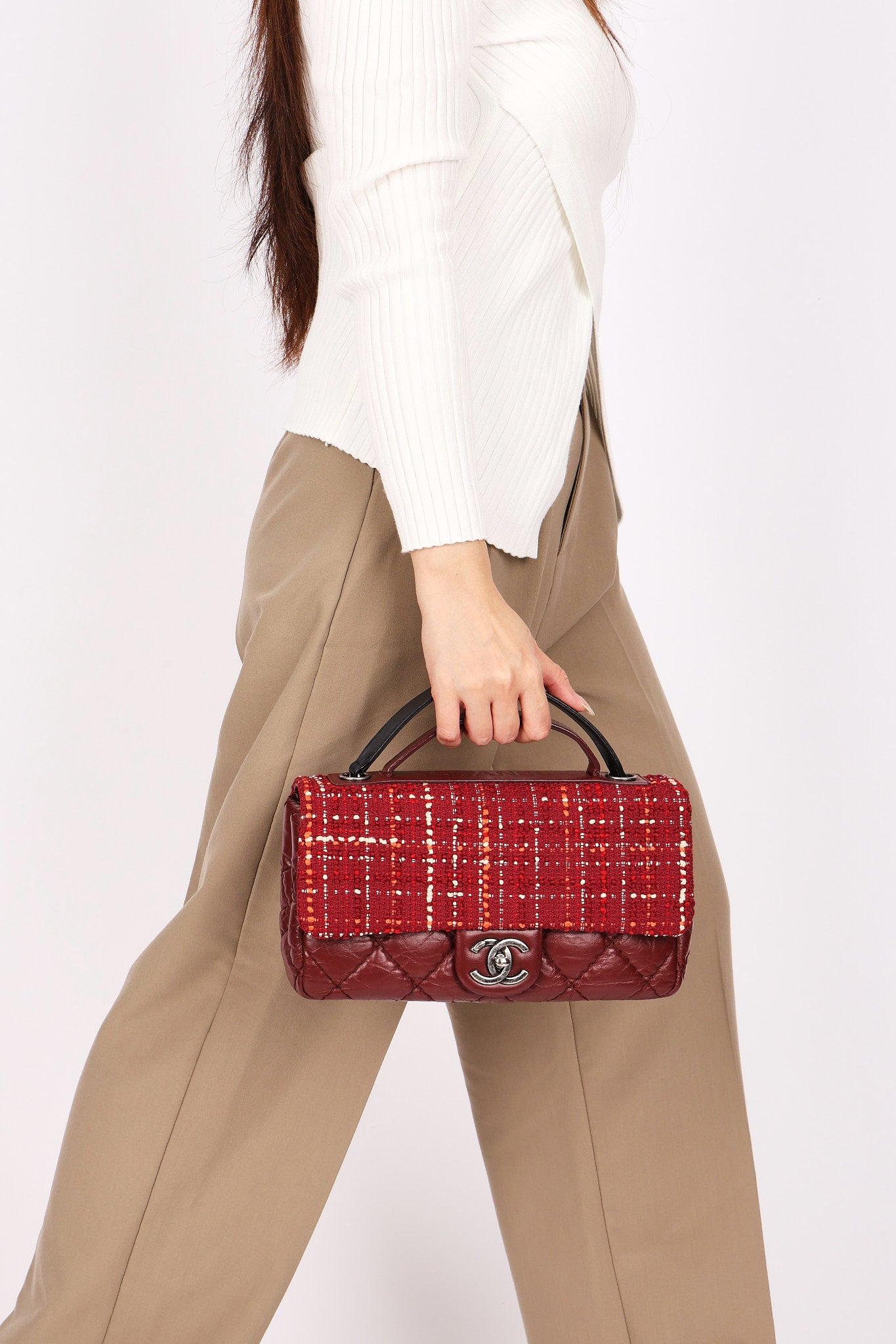 Chanel Airlines Tweed Single Flap Bordeaux Crinkled Calfskin RHW