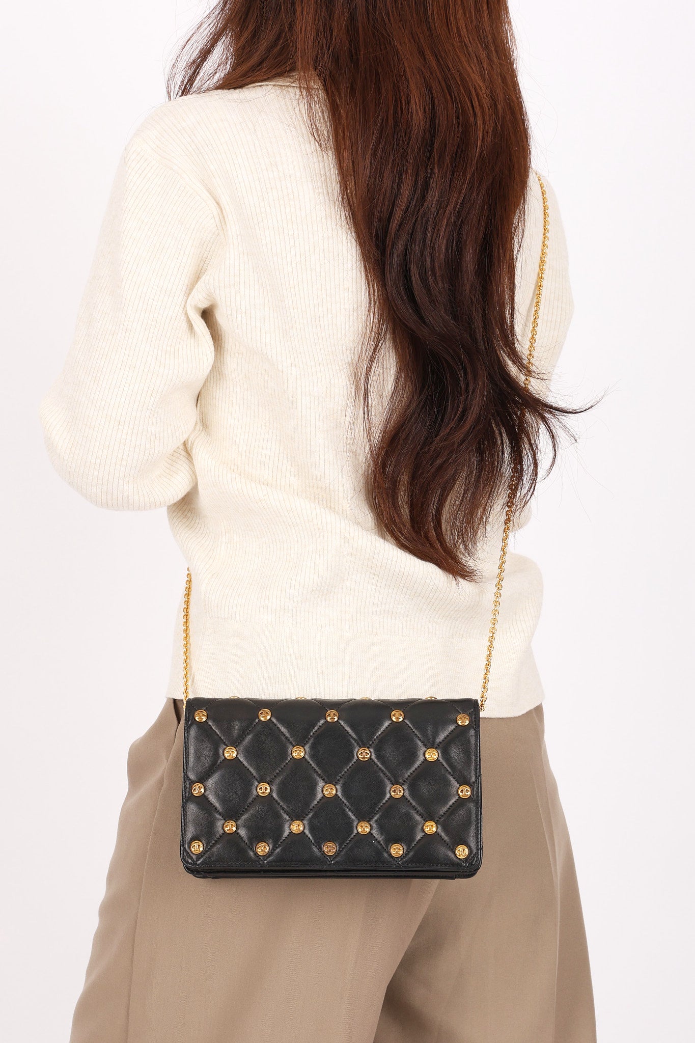 Chanel Gold Studded Clutch with Chain Black Lambskin GHW