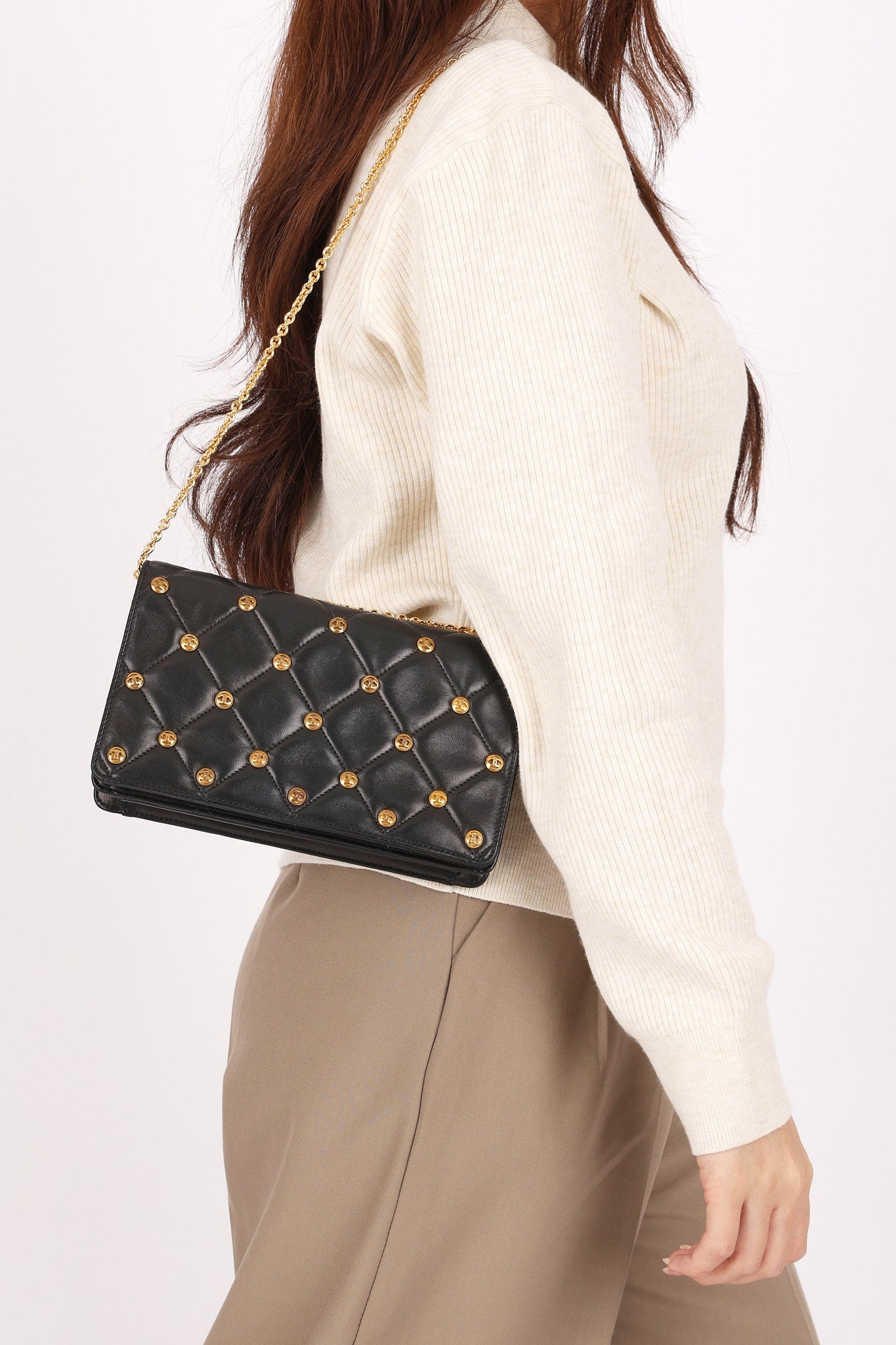 Chanel Gold Studded Clutch with Chain Black Lambskin GHW