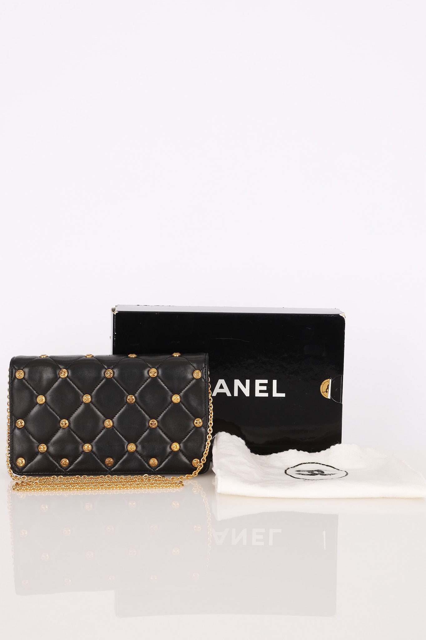 Chanel Gold Studded Clutch with Chain Black Lambskin GHW
