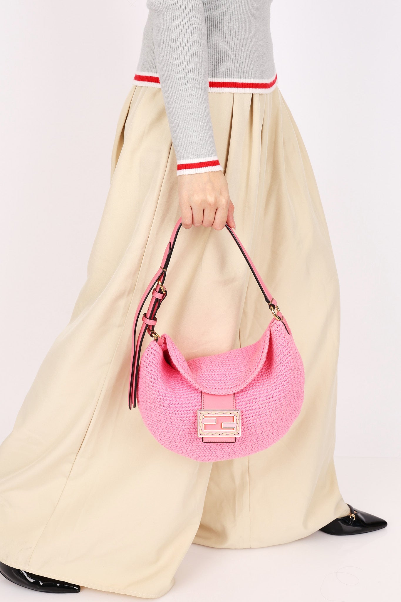 Fendi Small Crochet Grace Croissant Hobo Pink