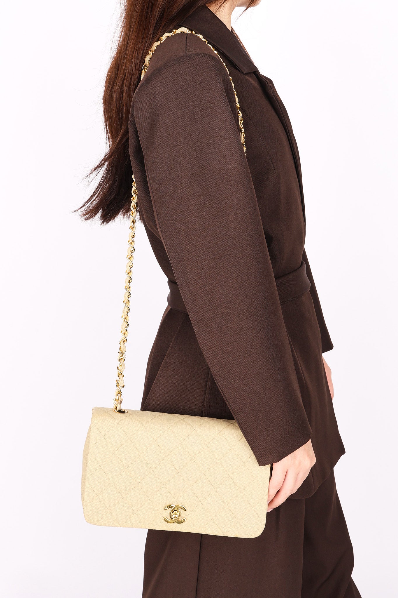 Rare Chanel Full Flap Khaki Linen 1991 24K GP