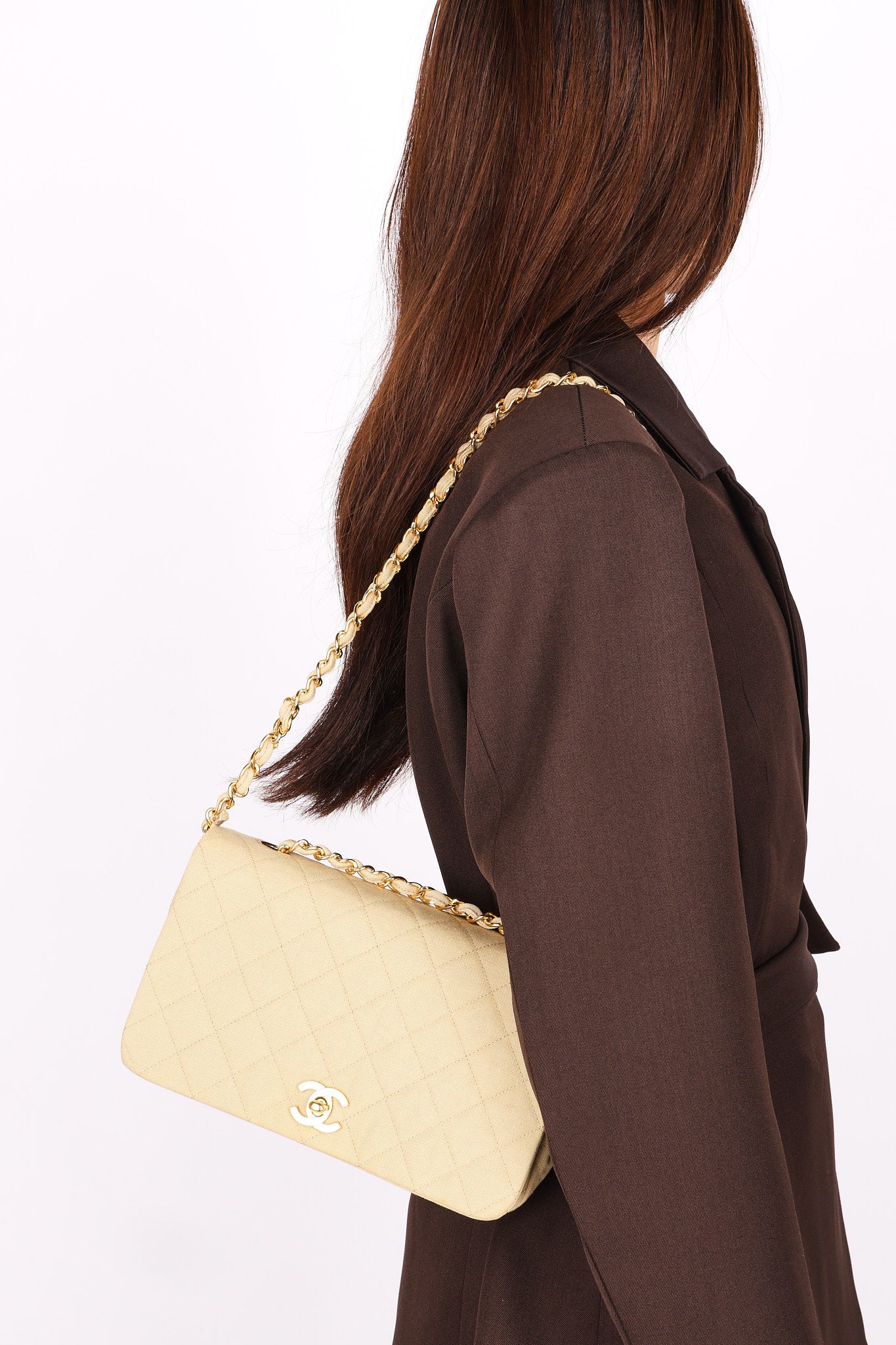 Rare Chanel Full Flap Khaki Linen 1991 24K GP