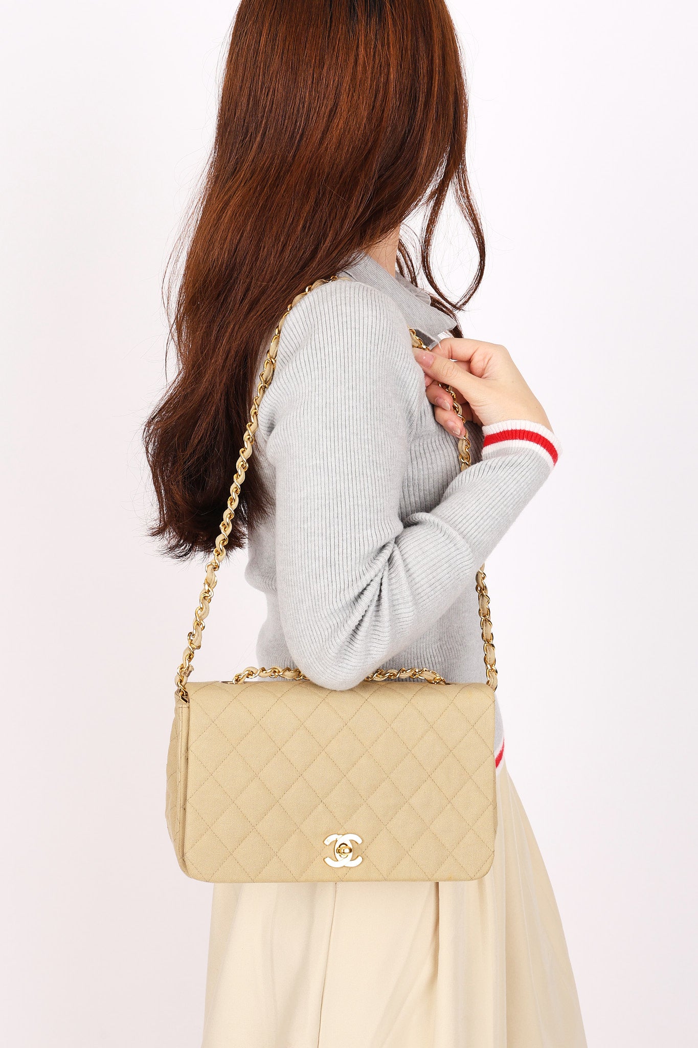 Chanel Full Flap Khaki Linen 24K GP