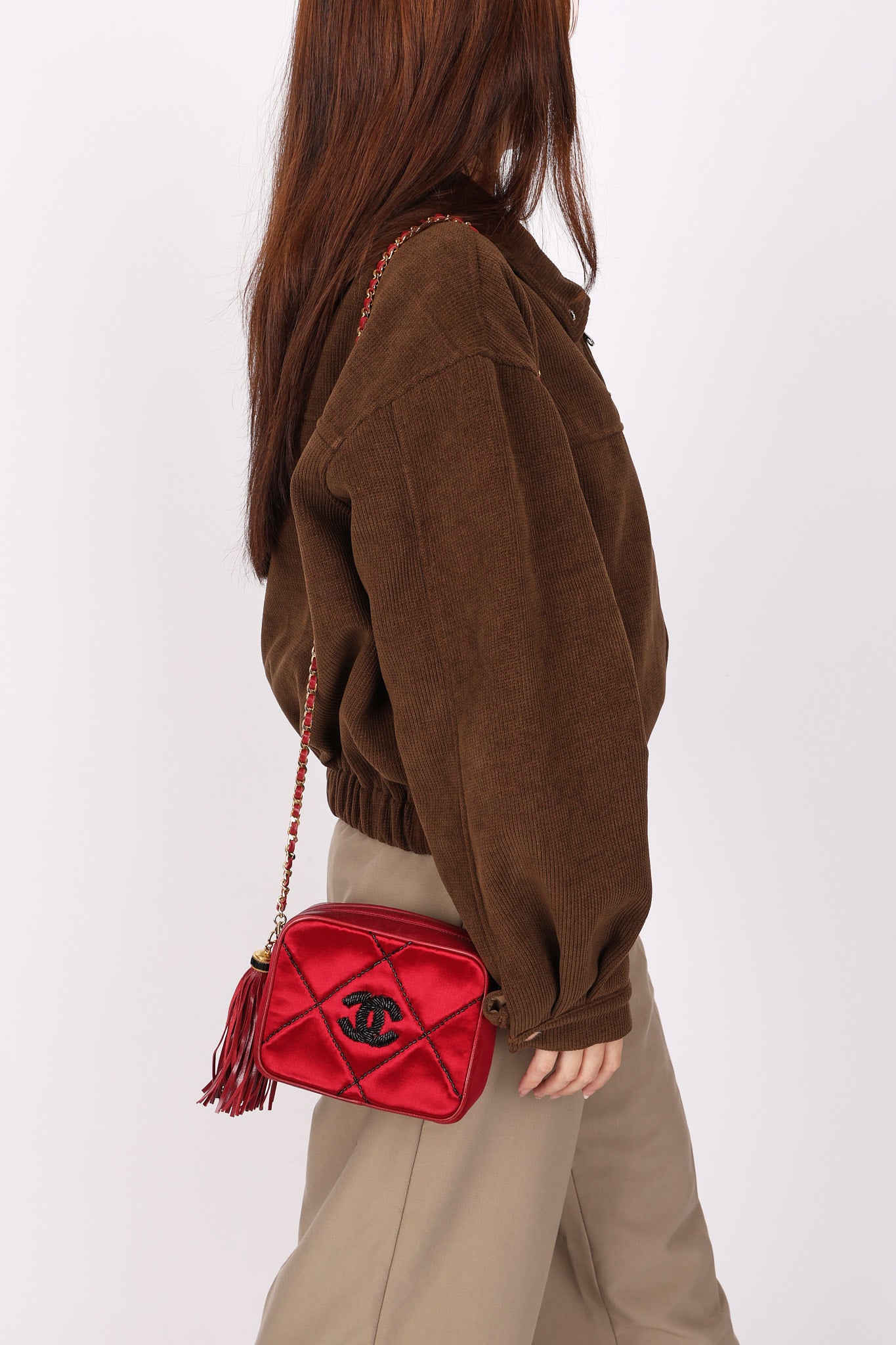 Chanel Beaded Camera Bag Red Satin 24K GP