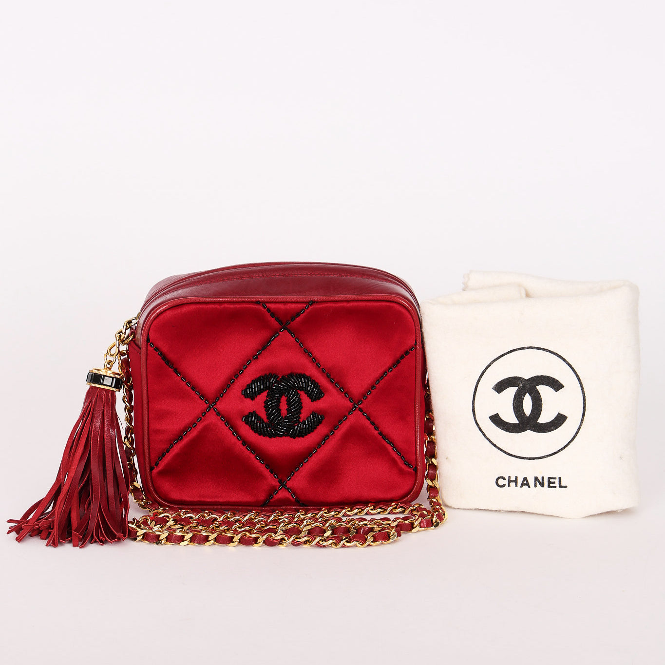 Chanel Beaded Camera Bag Red Satin 24K GP