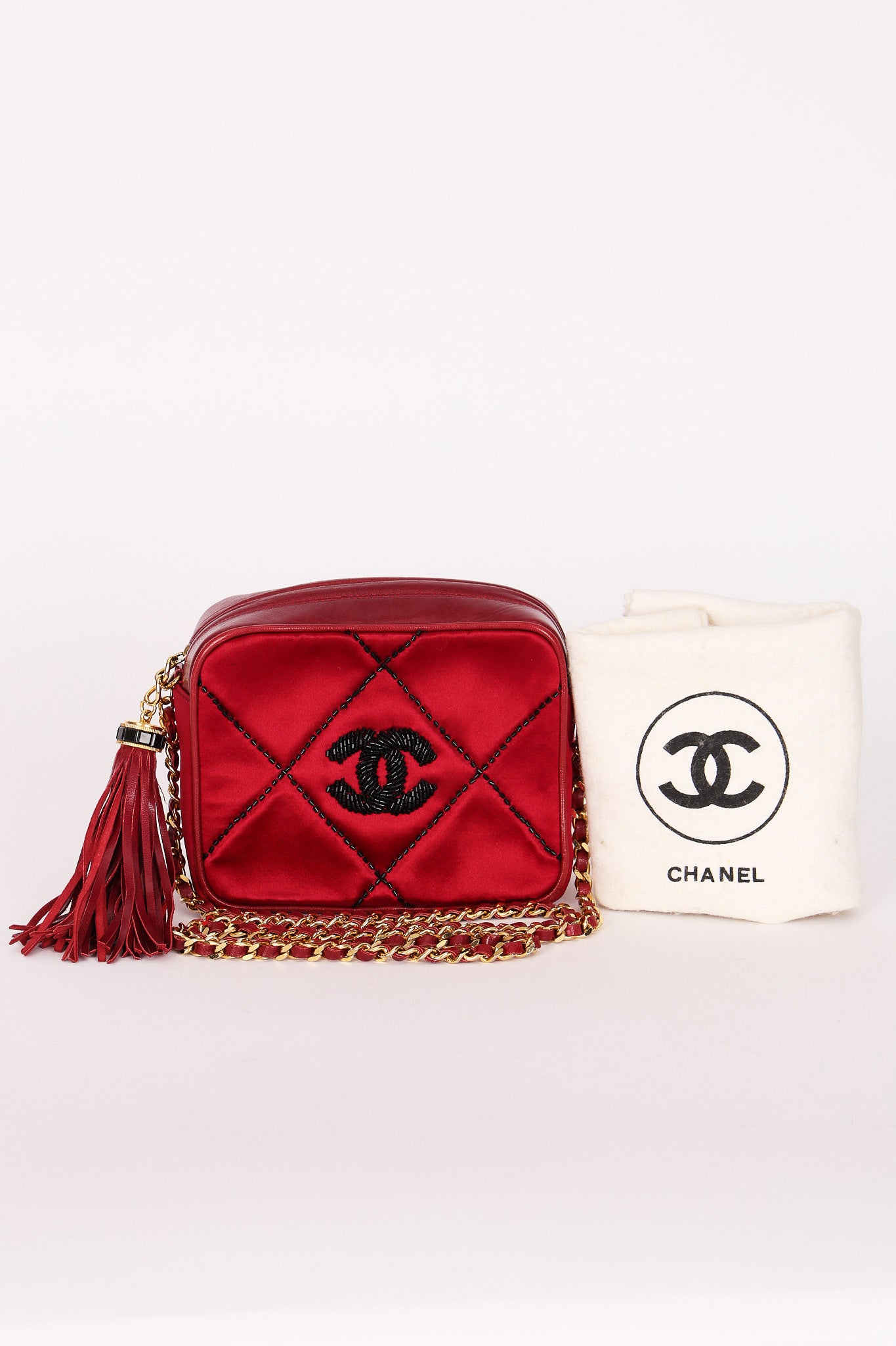 Chanel Beaded Camera Bag Red Satin 24K GP