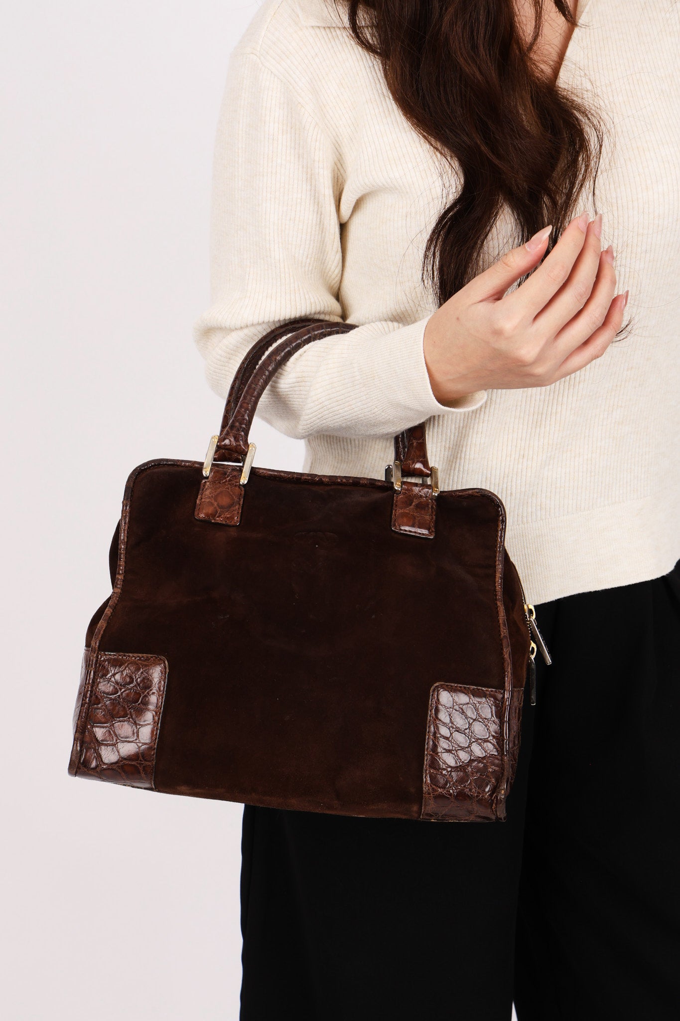 Loewe Amazona 28 Brown and Suede Croc Embossed