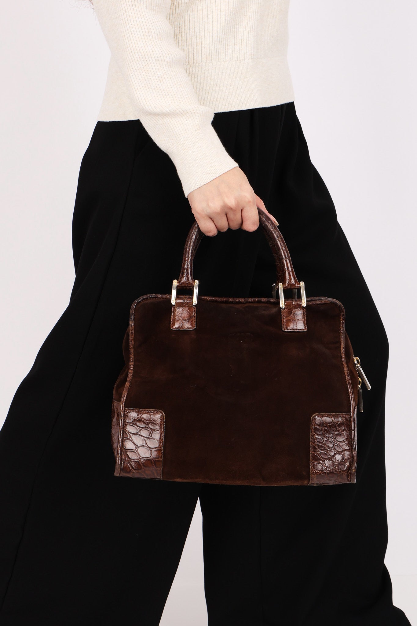 Loewe Amazona 28 Brown and Suede Croc Embossed