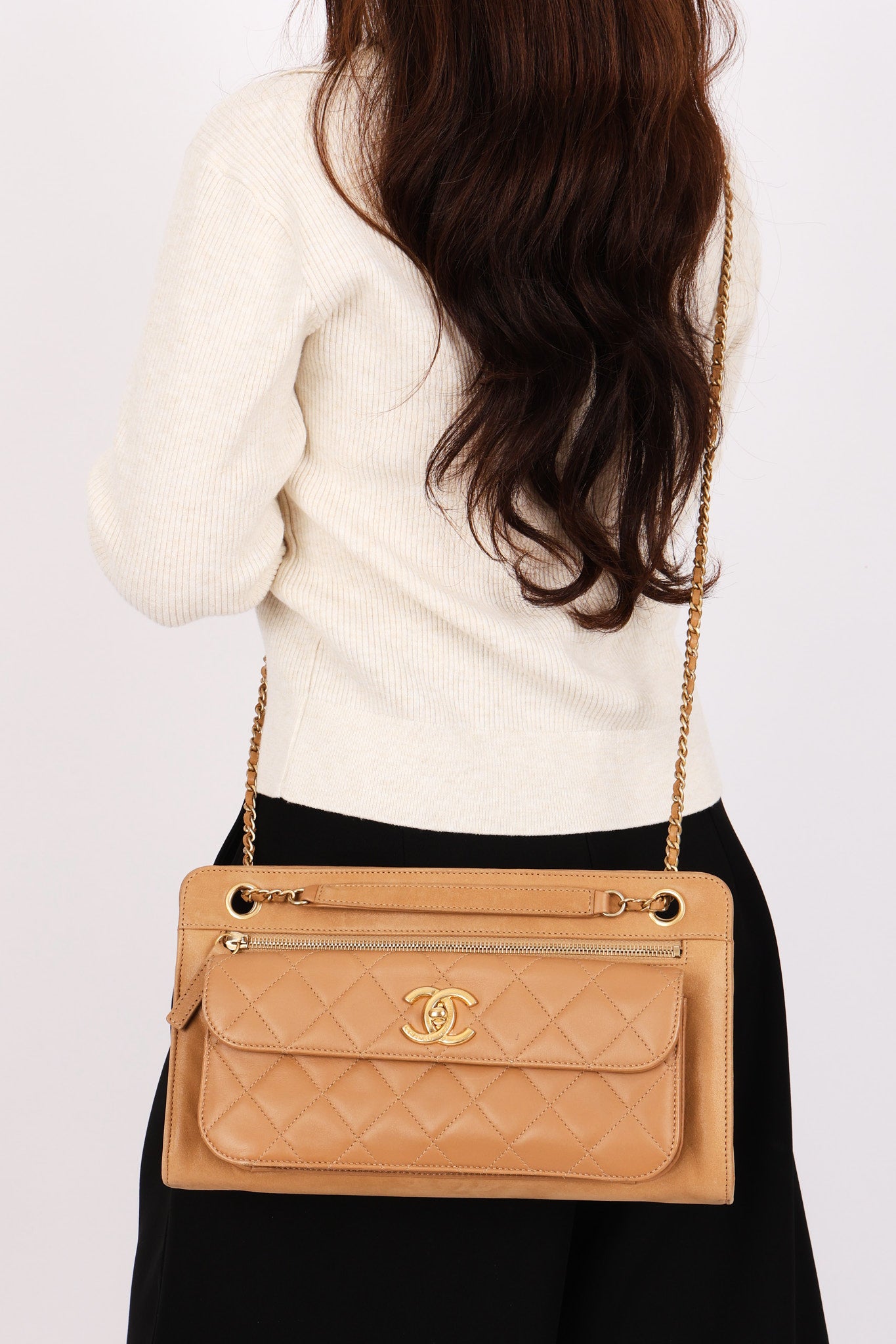 Chanel Turnlock Front Pocket Shoulder Bag Brown Suede and Calfskin AGHW