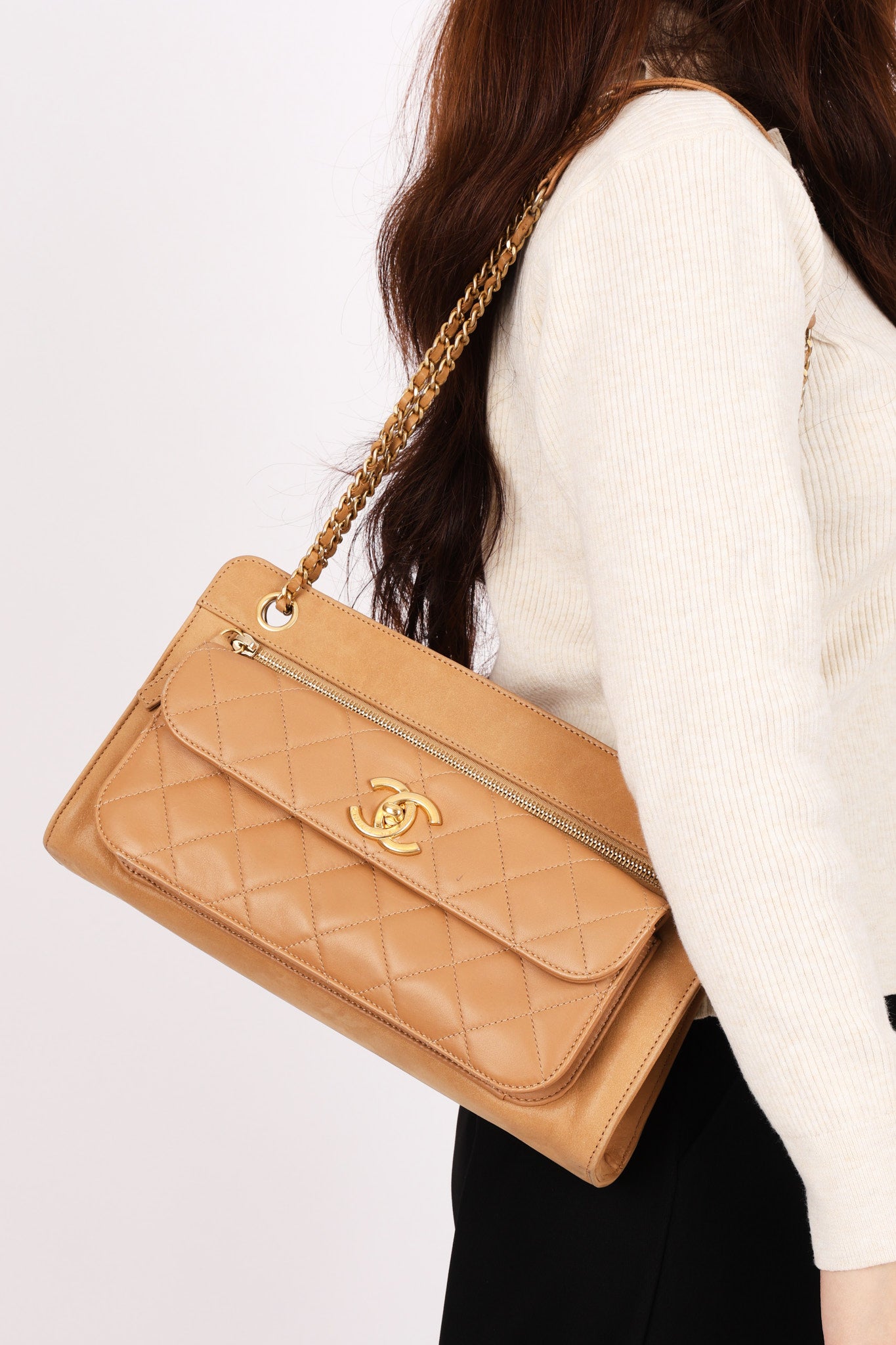 Chanel Turnlock Front Pocket Shoulder Bag Brown Suede and Calfskin AGHW