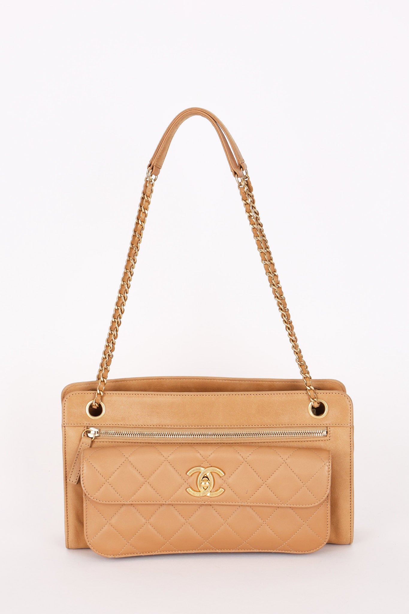 Chanel Turnlock Front Pocket Shoulder Bag Brown Suede and Calfskin AGHW