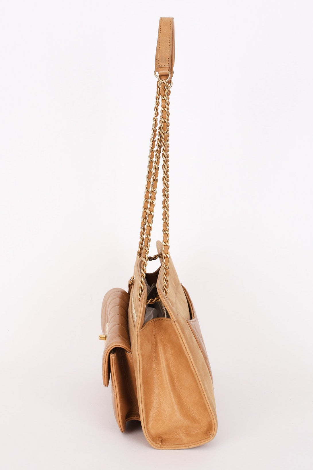 Chanel Turnlock Front Pocket Shoulder Bag Brown Suede and Calfskin AGHW
