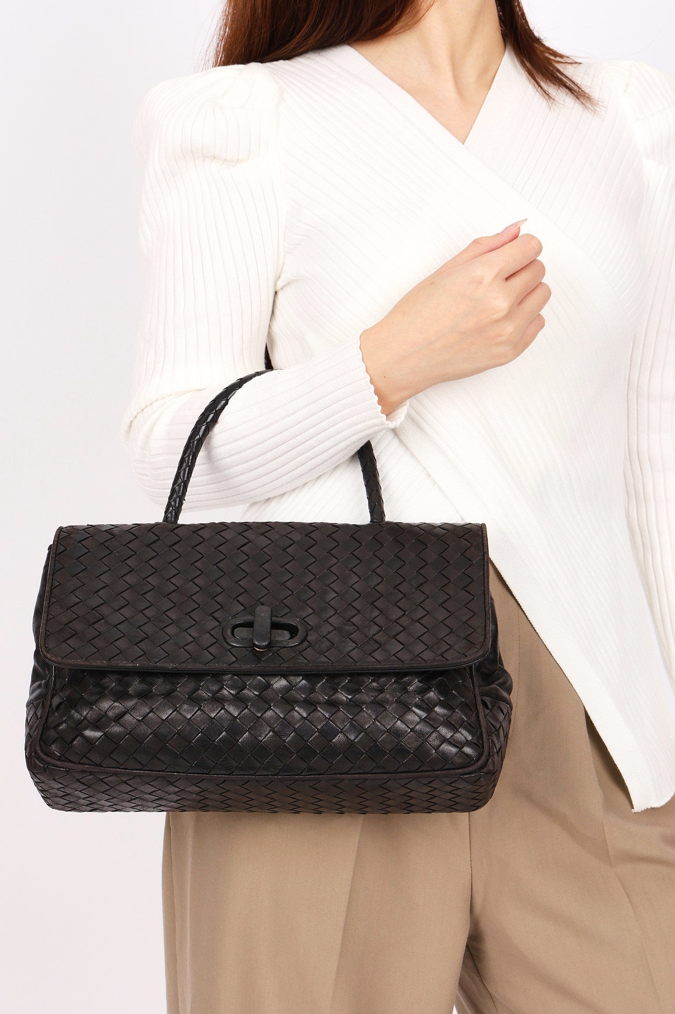Bottega Veneta Turnlock Intrecciato Top Handle Bag