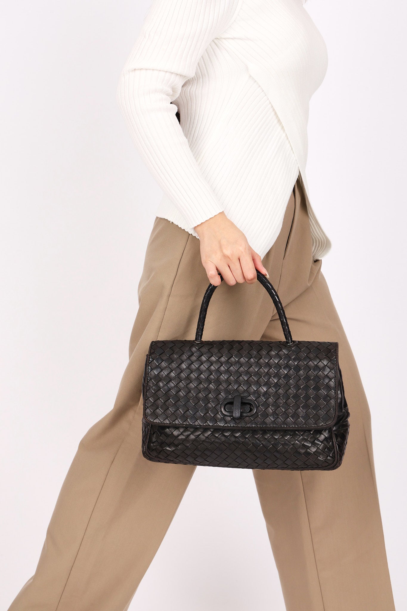 Bottega Veneta Turnlock Intrecciato Top Handle Bag