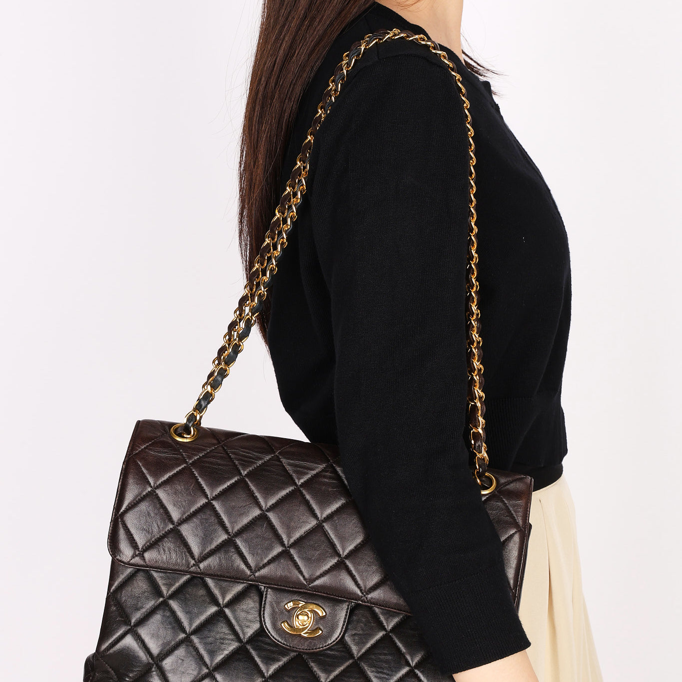 Chanel Double Sided Jumbo Classic Single Flap Black Lambskin 1996 24K GP