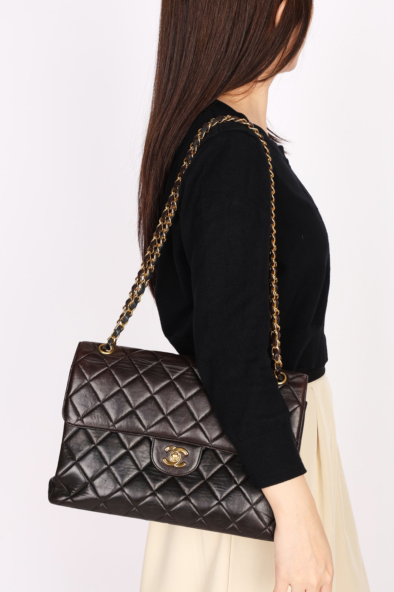 Chanel Double Sided Jumbo Classic Single Flap Black Lambskin 1996 24K GP