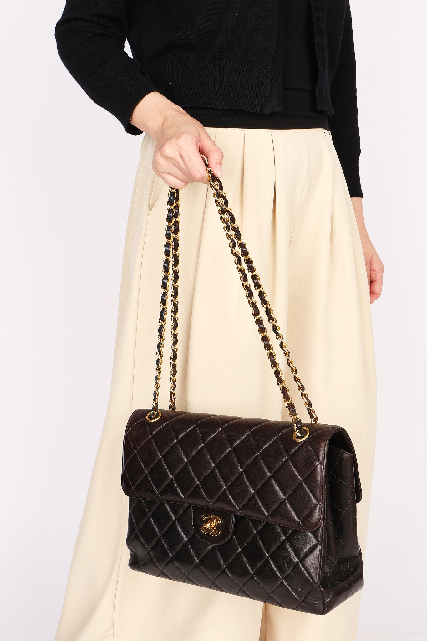 Chanel Double Sided Jumbo Classic Single Flap Black Lambskin 1996 24K GP
