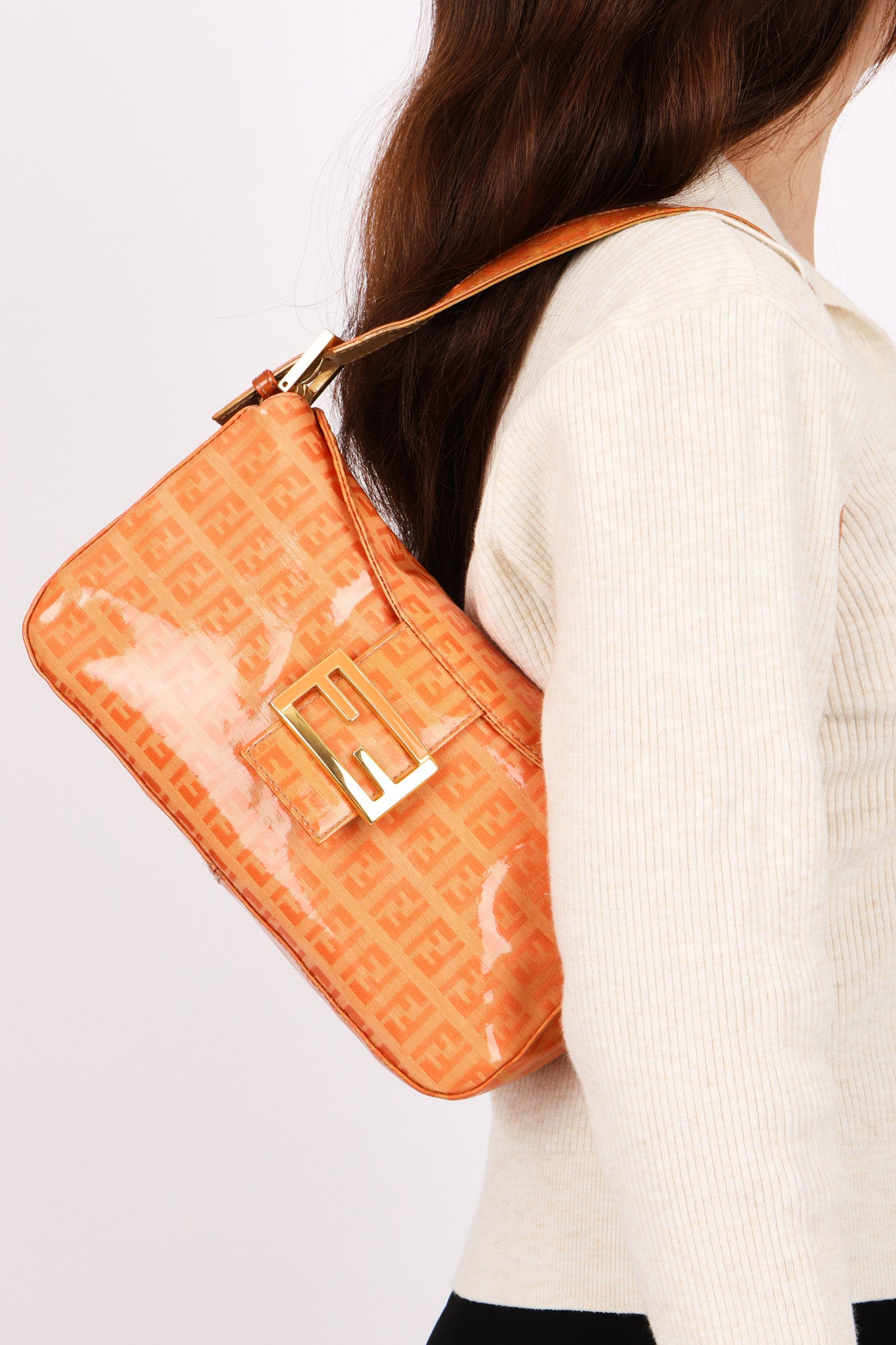 Fendi Coated Canvas Zucchino Baguette Bag Orange GHW