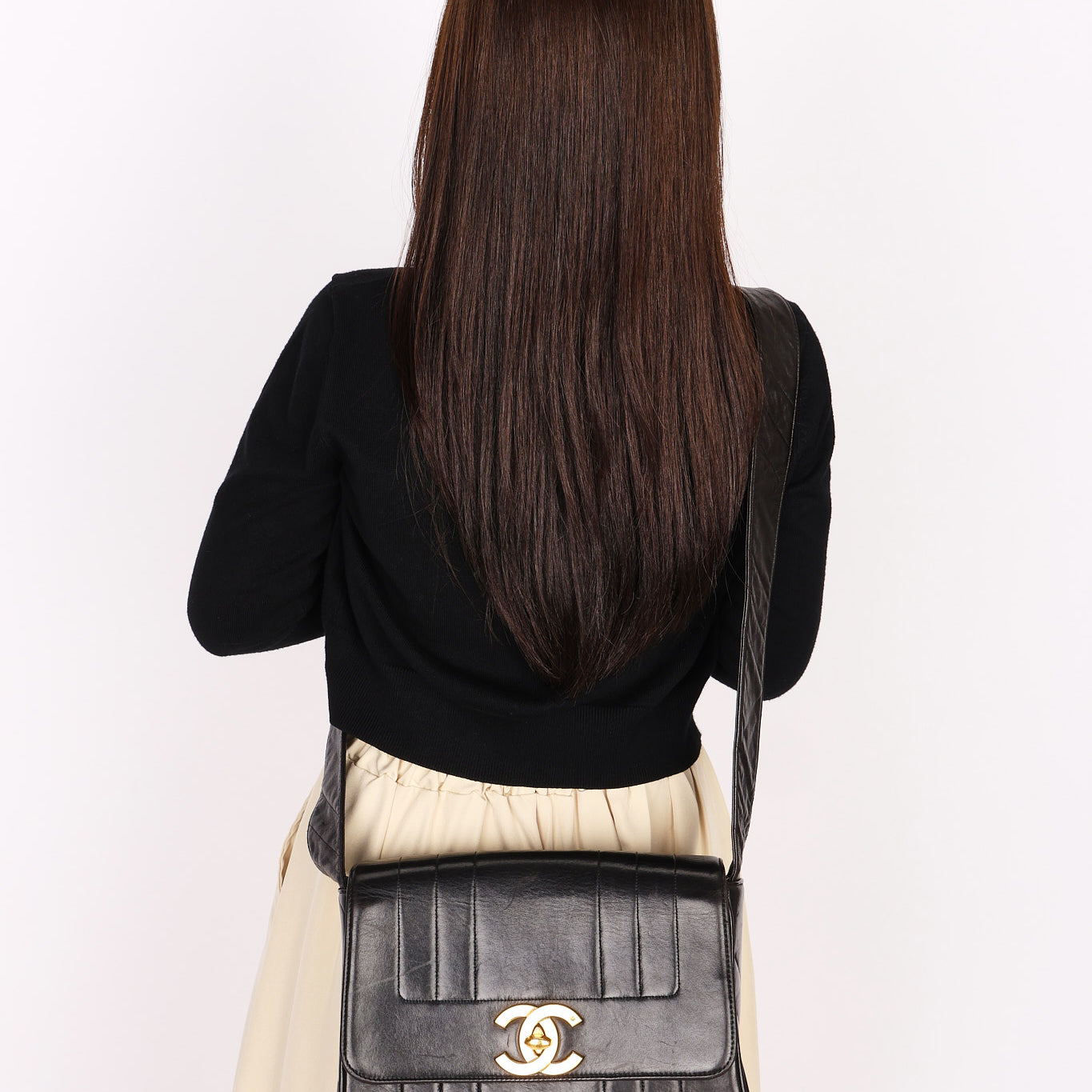 Chanel Mademoiselle Vertical Quilted Single Flap Black Lambskin 1995 24K GP