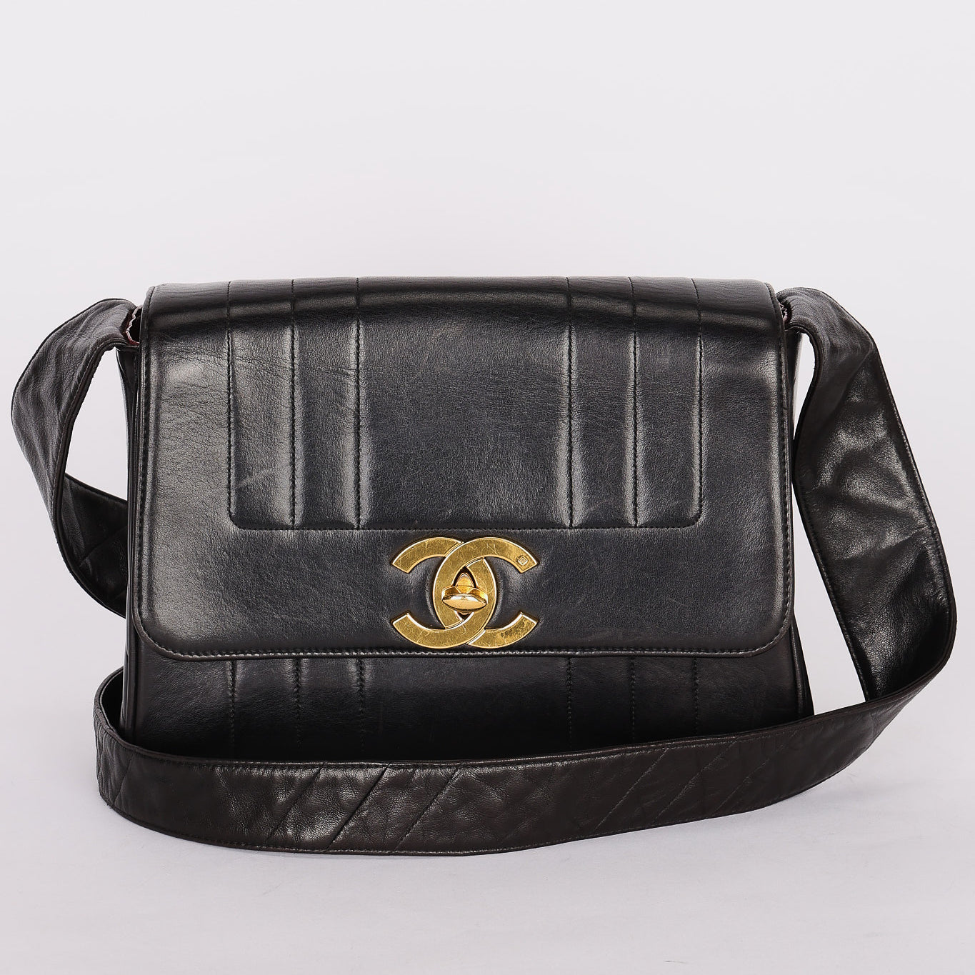 Chanel Mademoiselle Vertical Quilted Single Flap Black Lambskin 1995 24K GP