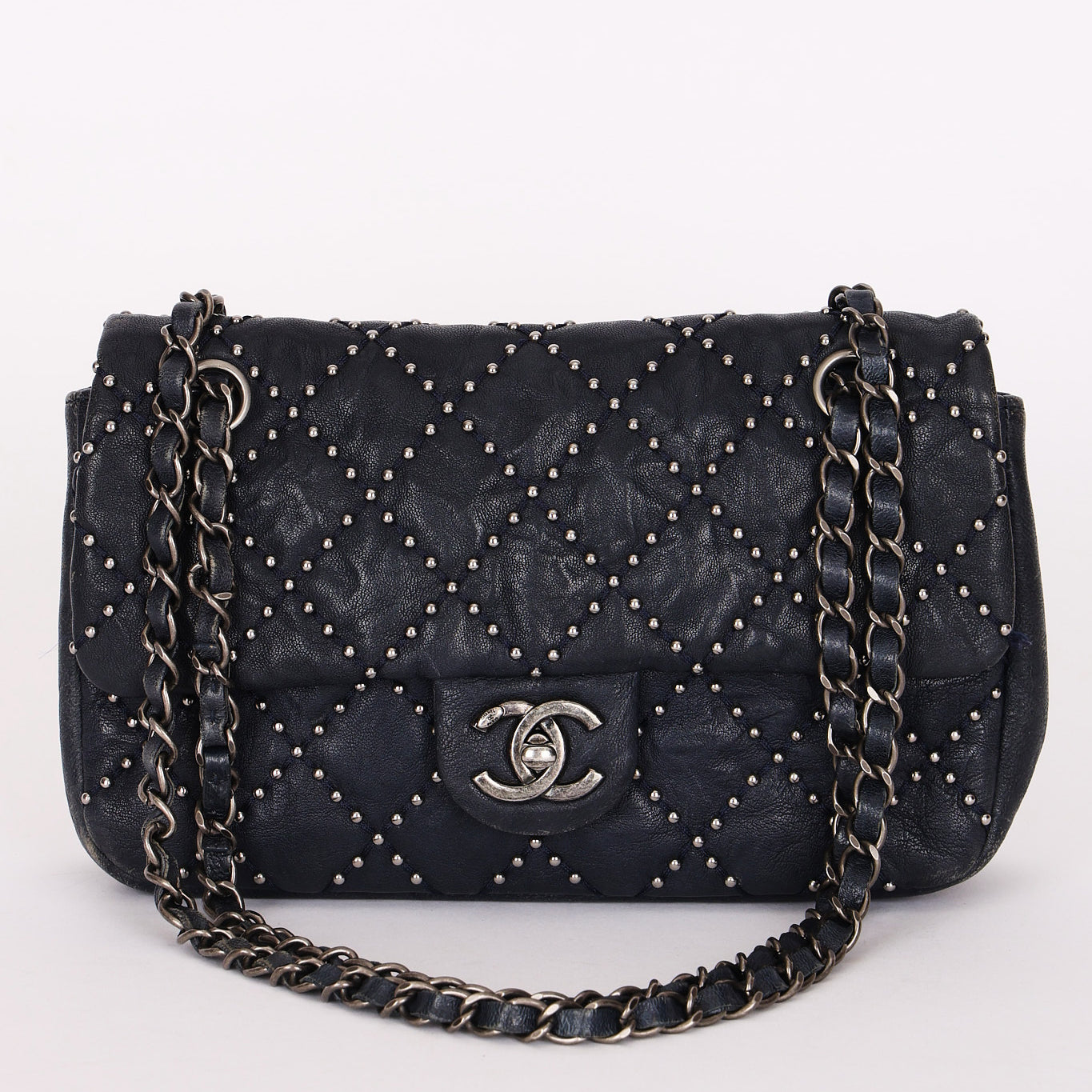 Chanel Studded Small Single Flap Navy Calfskin RHW