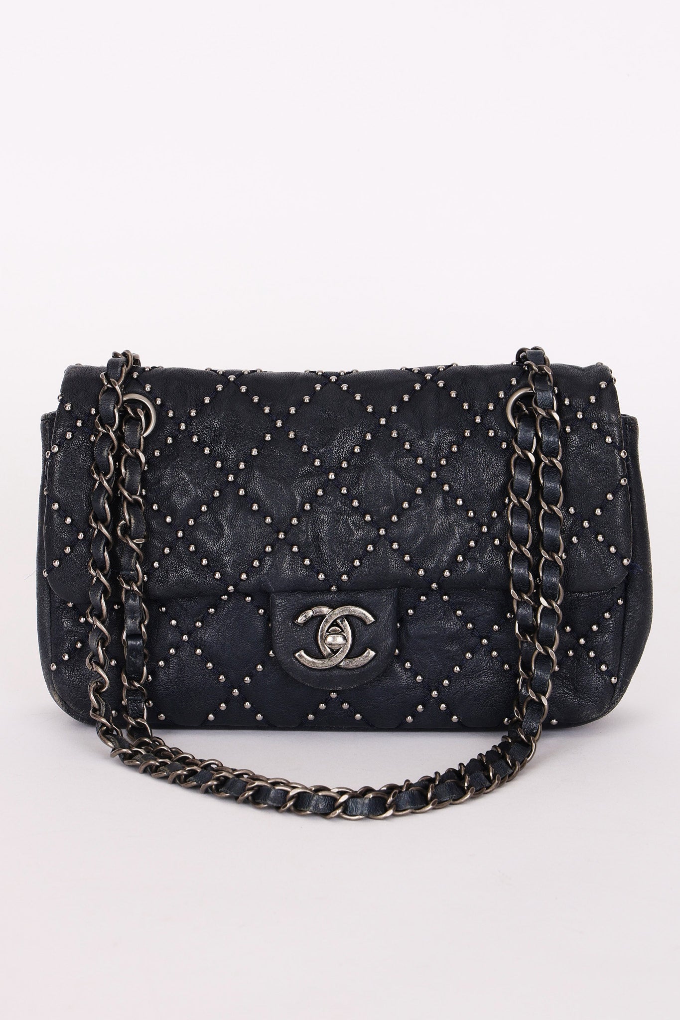 Chanel Studded Small Single Flap Navy Calfskin RHW
