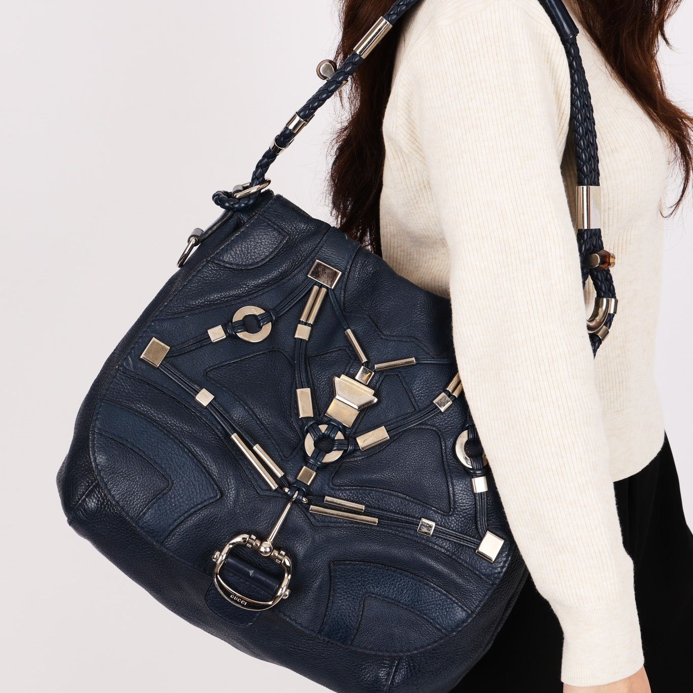 Gucci Techno Horsebit Convertible Hobo Navy