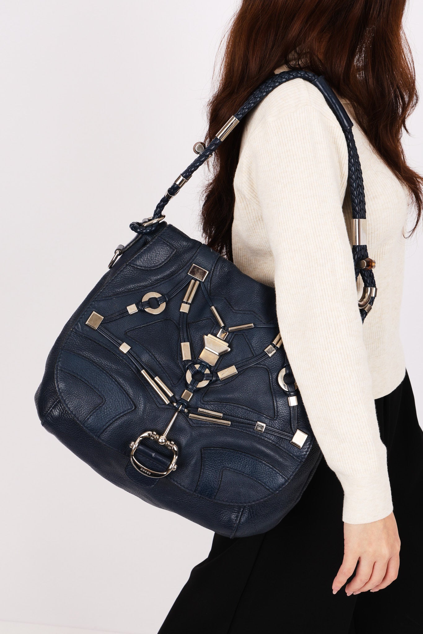 Gucci Techno Horsebit Convertible Hobo Navy