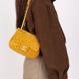 Chanel Velvet Camellia Mini Square Flap Mustard Yellow AGHW