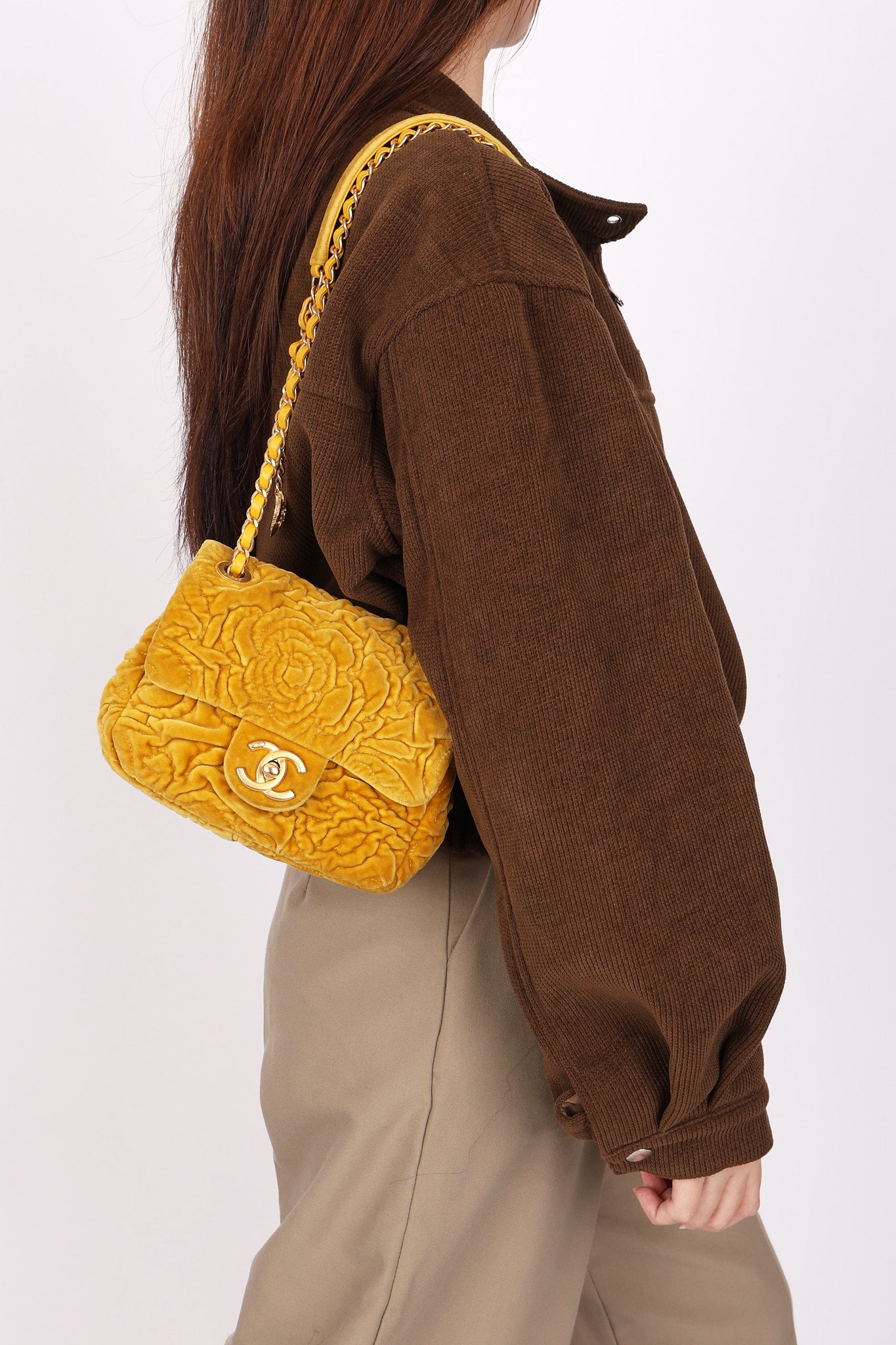 Chanel Velvet Camellia Mini Square Flap Mustard Yellow AGHW