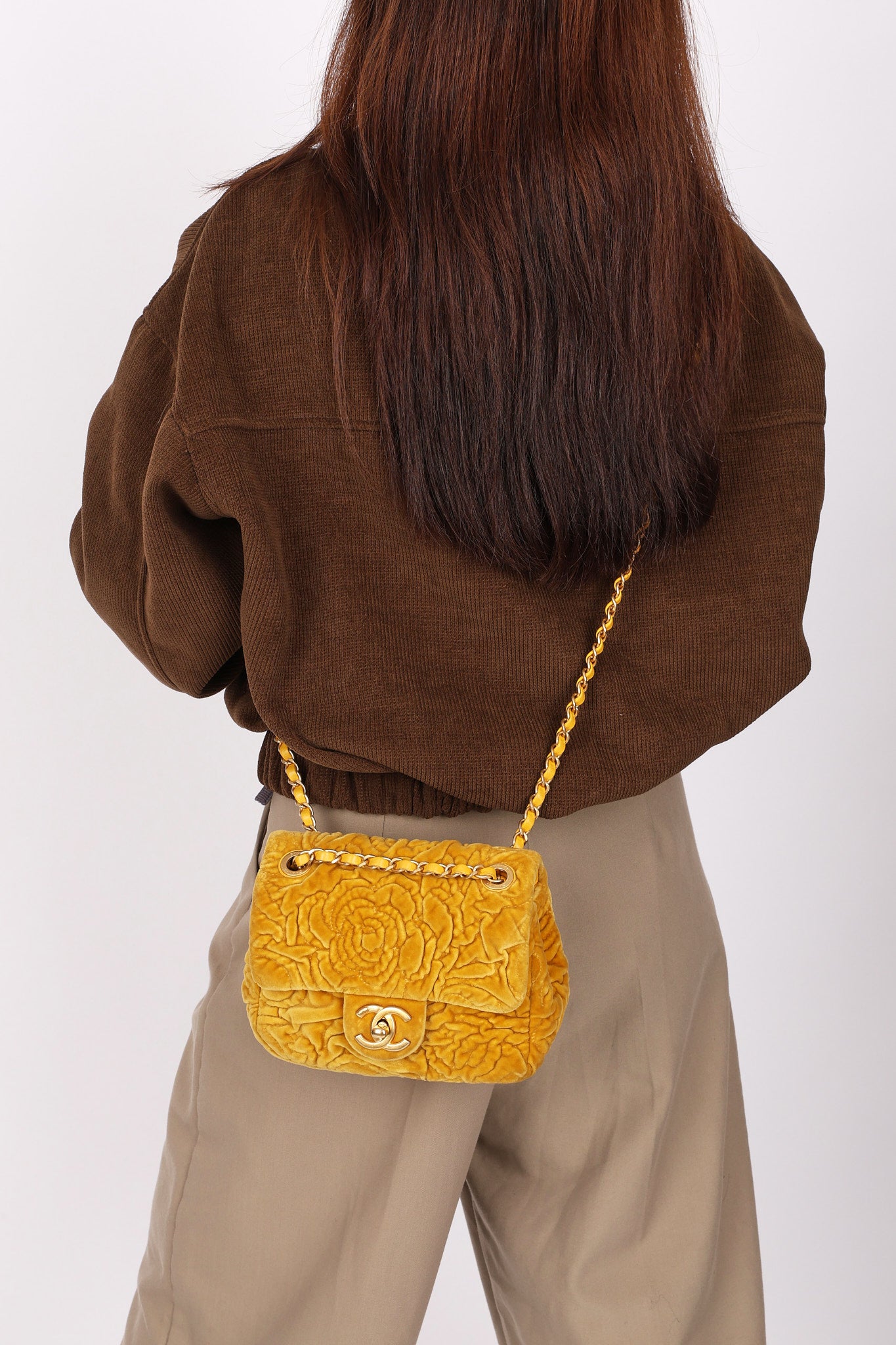 Chanel Velvet Camellia Mini Square Flap Mustard Yellow AGHW