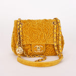 Chanel Velvet Camellia Mini Square Flap Mustard Yellow AGHW