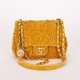 Chanel Velvet Camellia Mini Square Flap Mustard Yellow AGHW