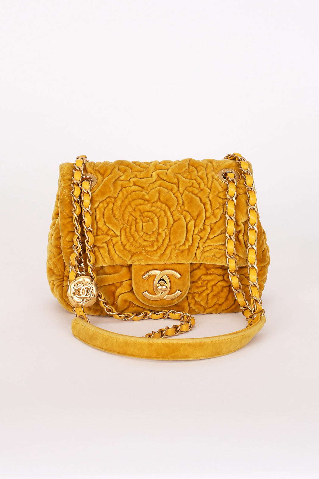Chanel Velvet Camellia Mini Square Flap Mustard Yellow AGHW