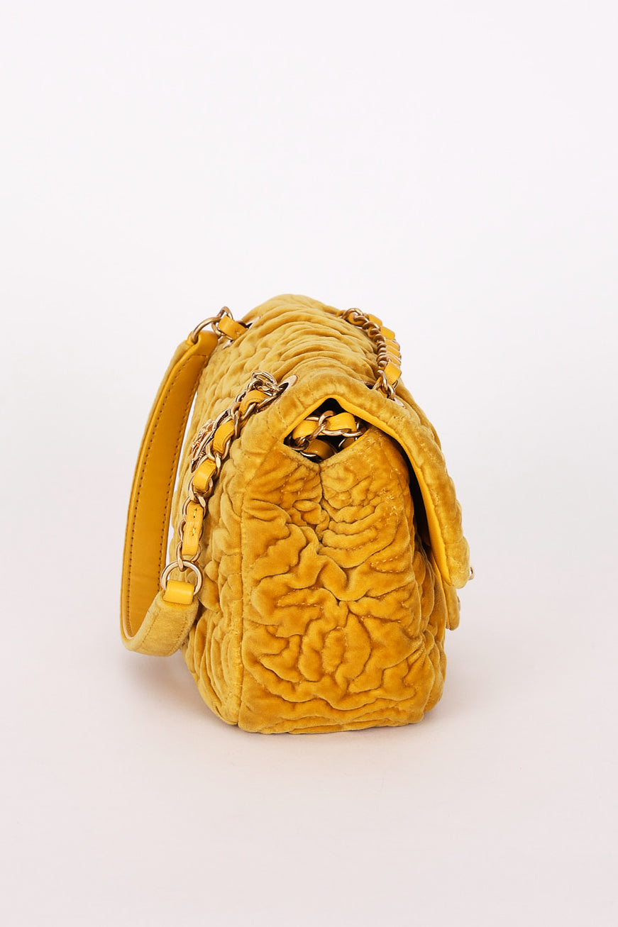 Chanel Velvet Camellia Mini Square Flap Mustard Yellow AGHW