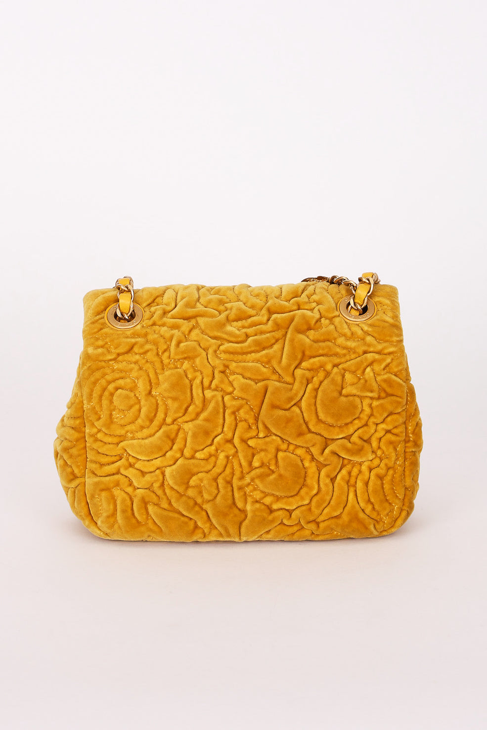 Chanel Velvet Camellia Mini Square Flap Mustard Yellow AGHW