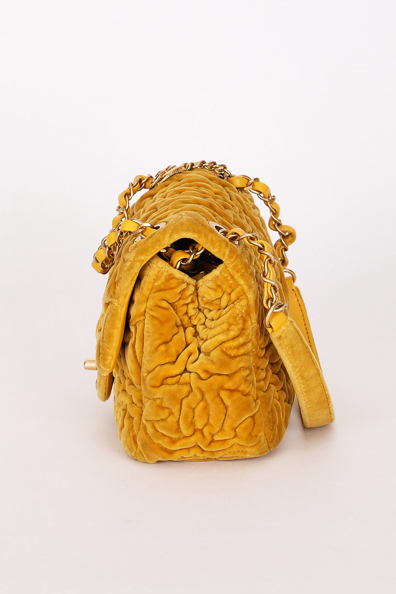 Chanel Velvet Camellia Mini Square Flap Mustard Yellow AGHW