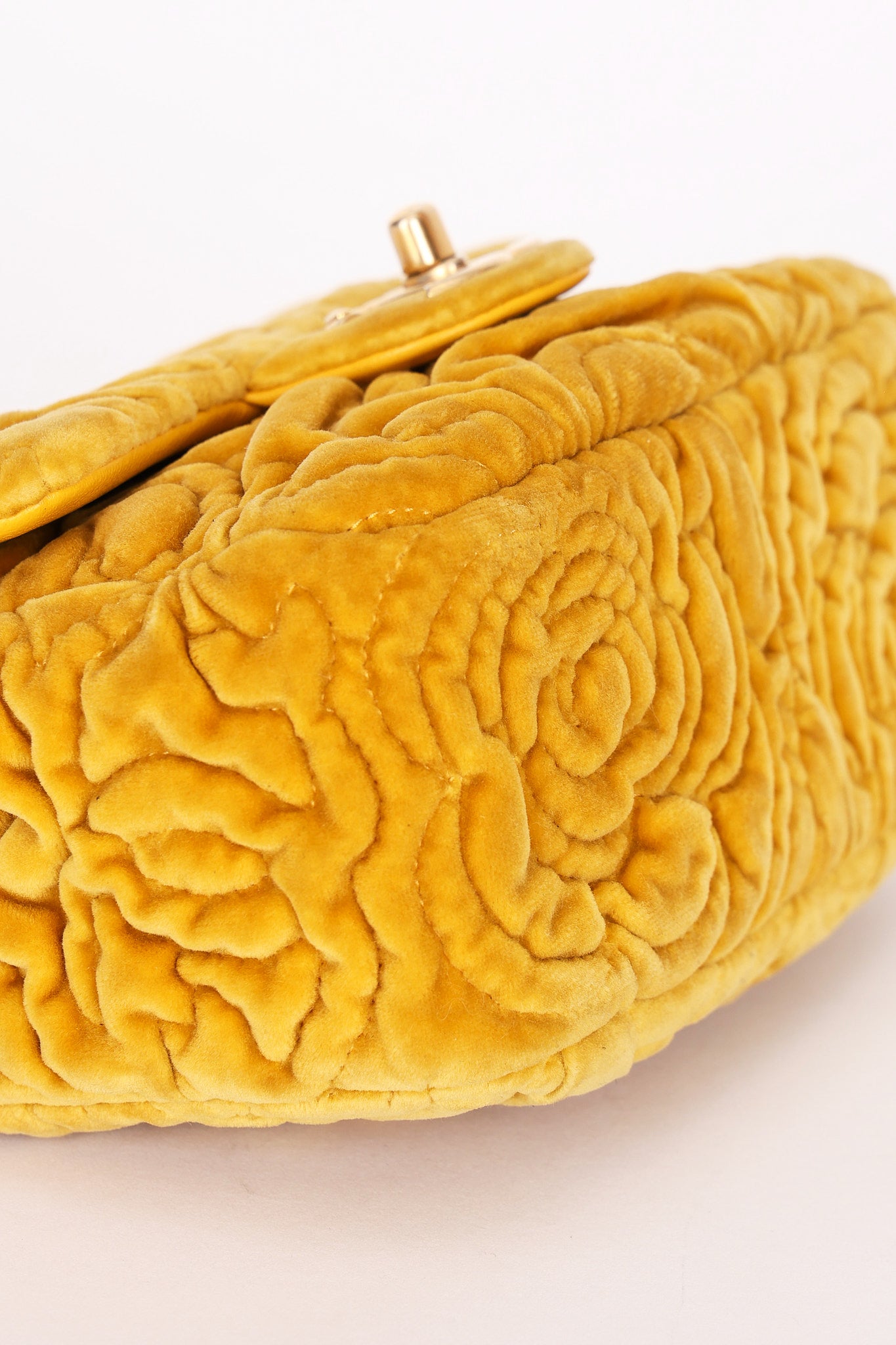 Chanel Velvet Camellia Mini Square Flap Mustard Yellow AGHW