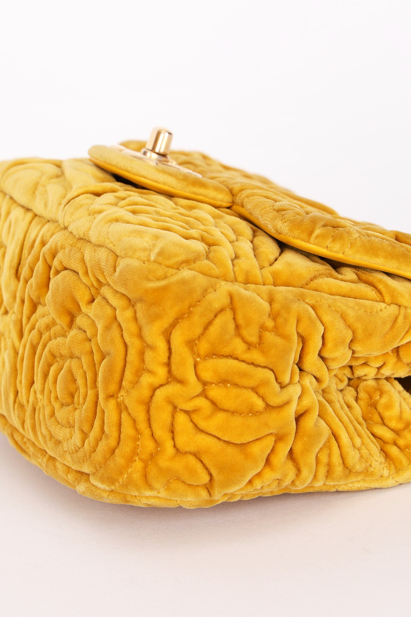 Chanel Velvet Camellia Mini Square Flap Mustard Yellow AGHW