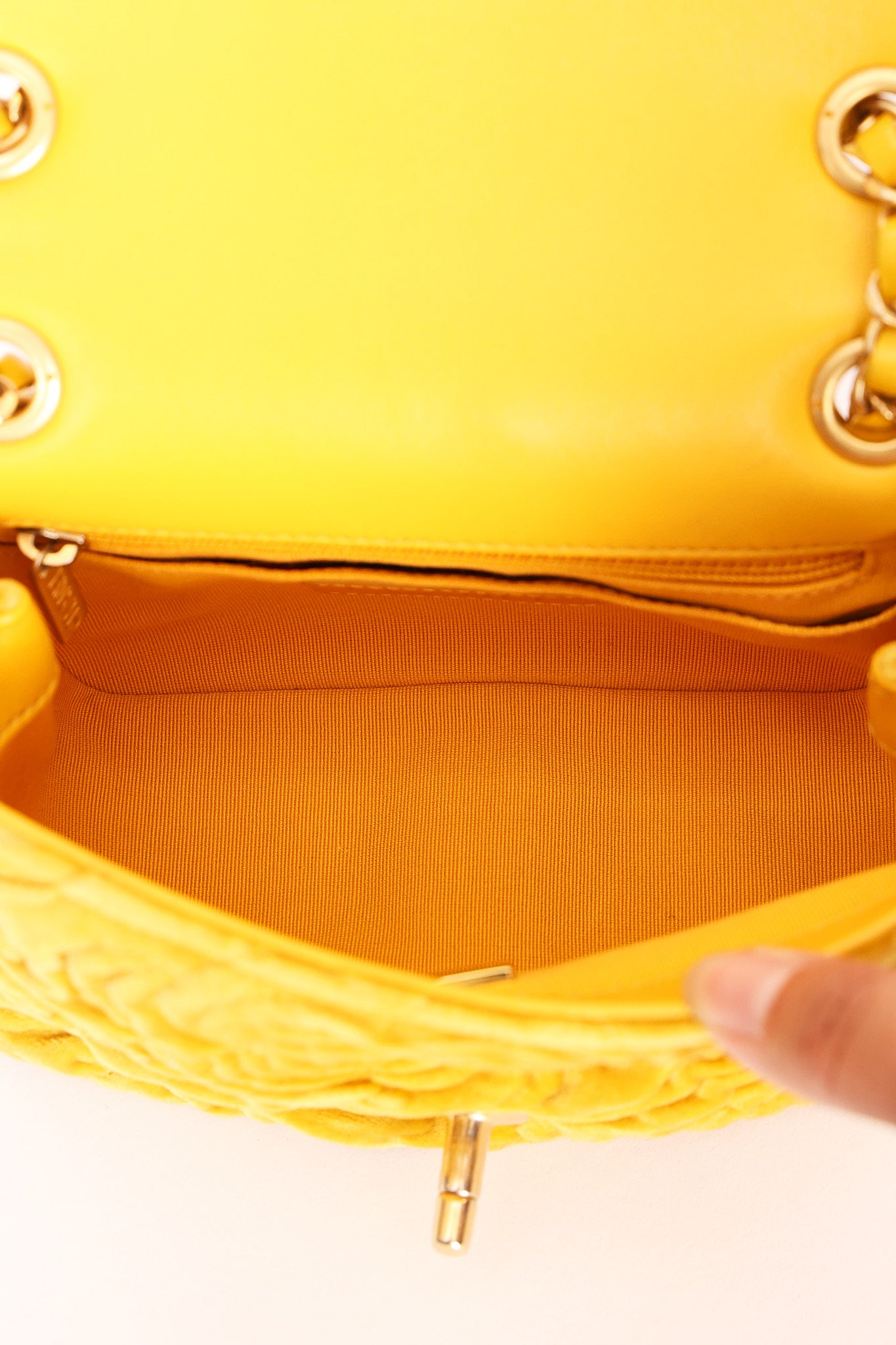Chanel Velvet Camellia Mini Square Flap Mustard Yellow AGHW