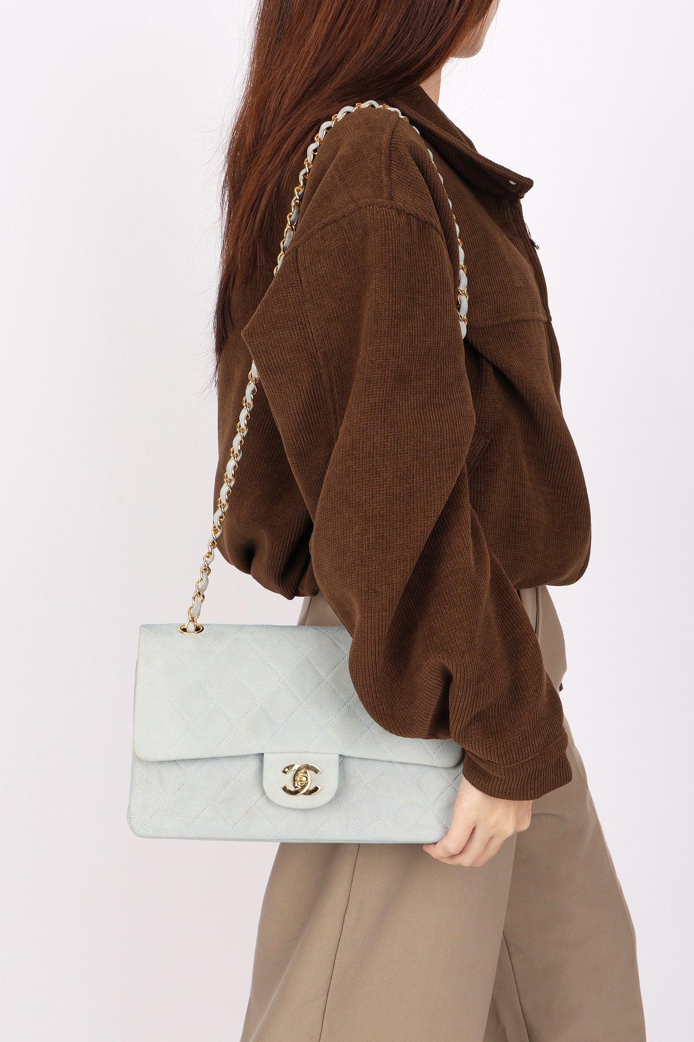 Chanel Medium Classic Double Flap Light Blue Suede 24K GP