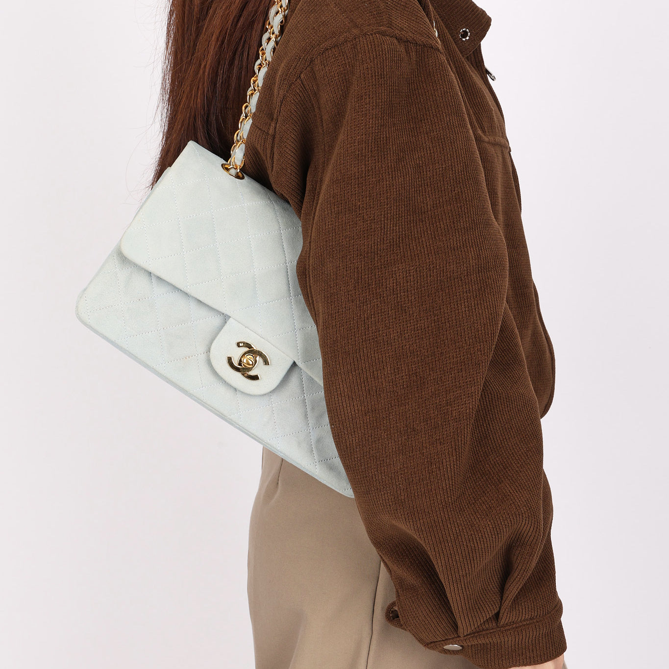 Chanel Medium Classic Double Flap Light Blue Suede 24K GP
