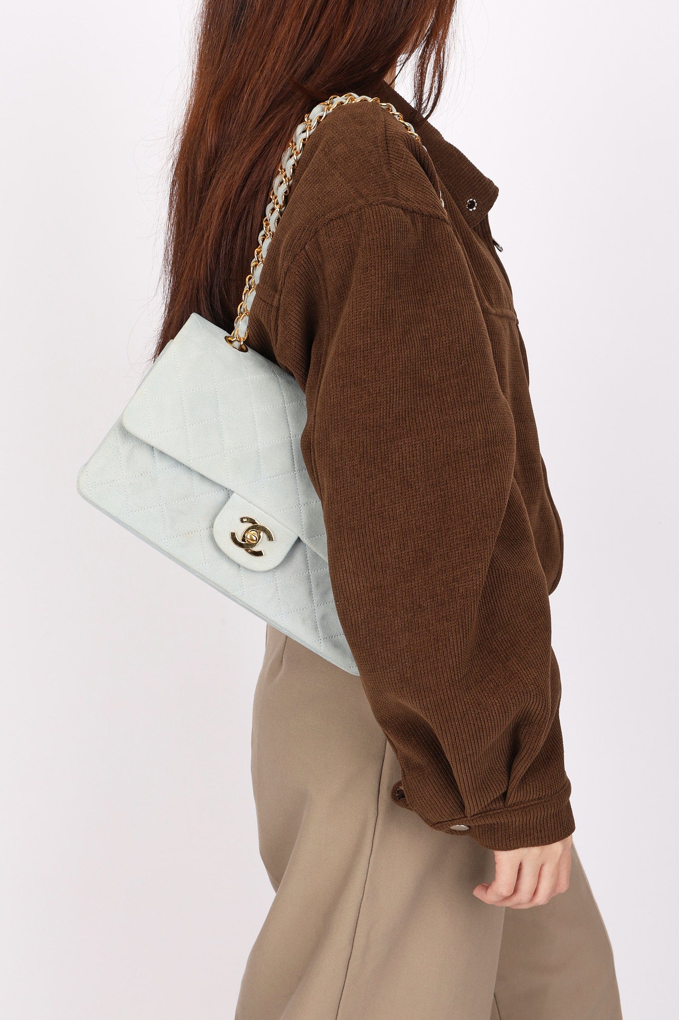 Chanel Medium Classic Double Flap Light Blue Suede 24K GP